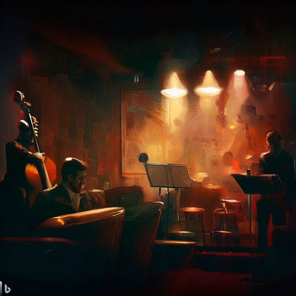 atmosférický jazzový klub oživený hudbou, malba ve stylu noir