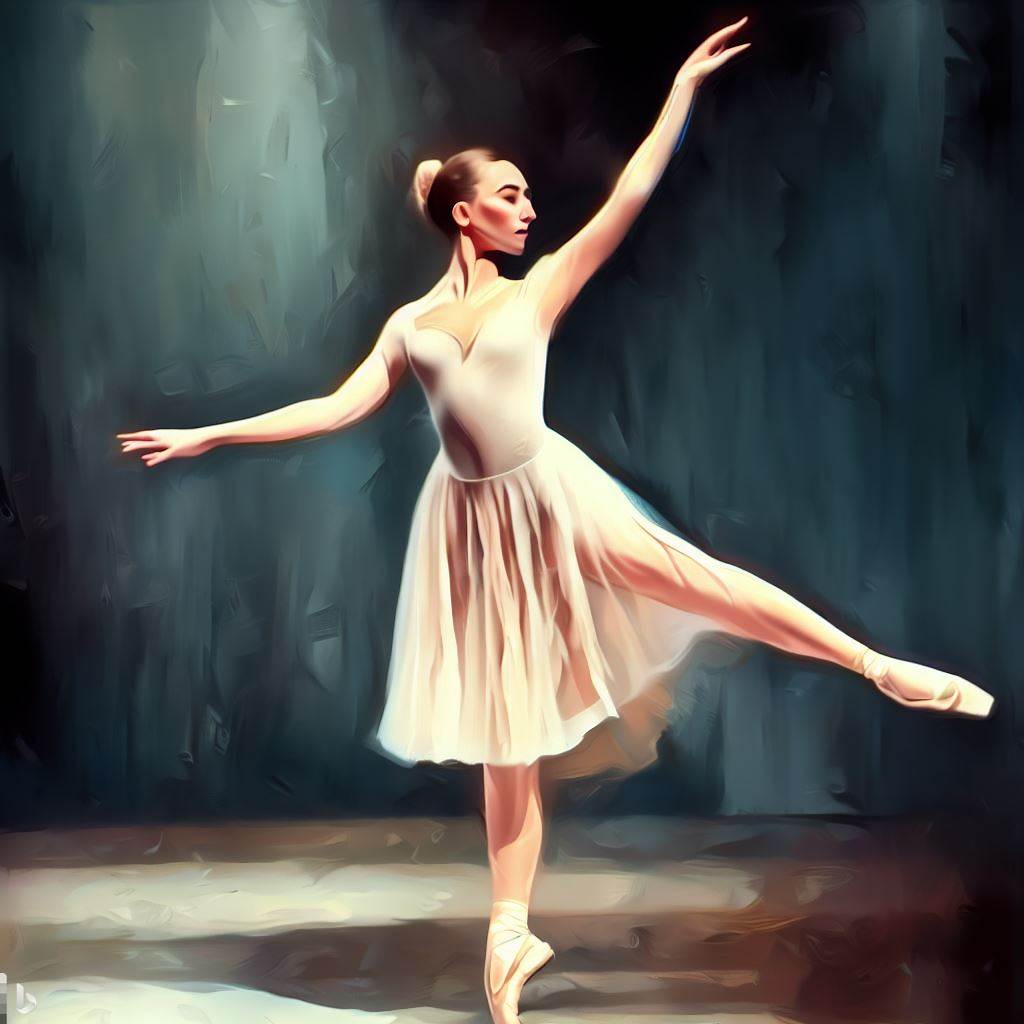 elegantní, baletní představení, zastavené v ladné póze, fotorealistická malba
