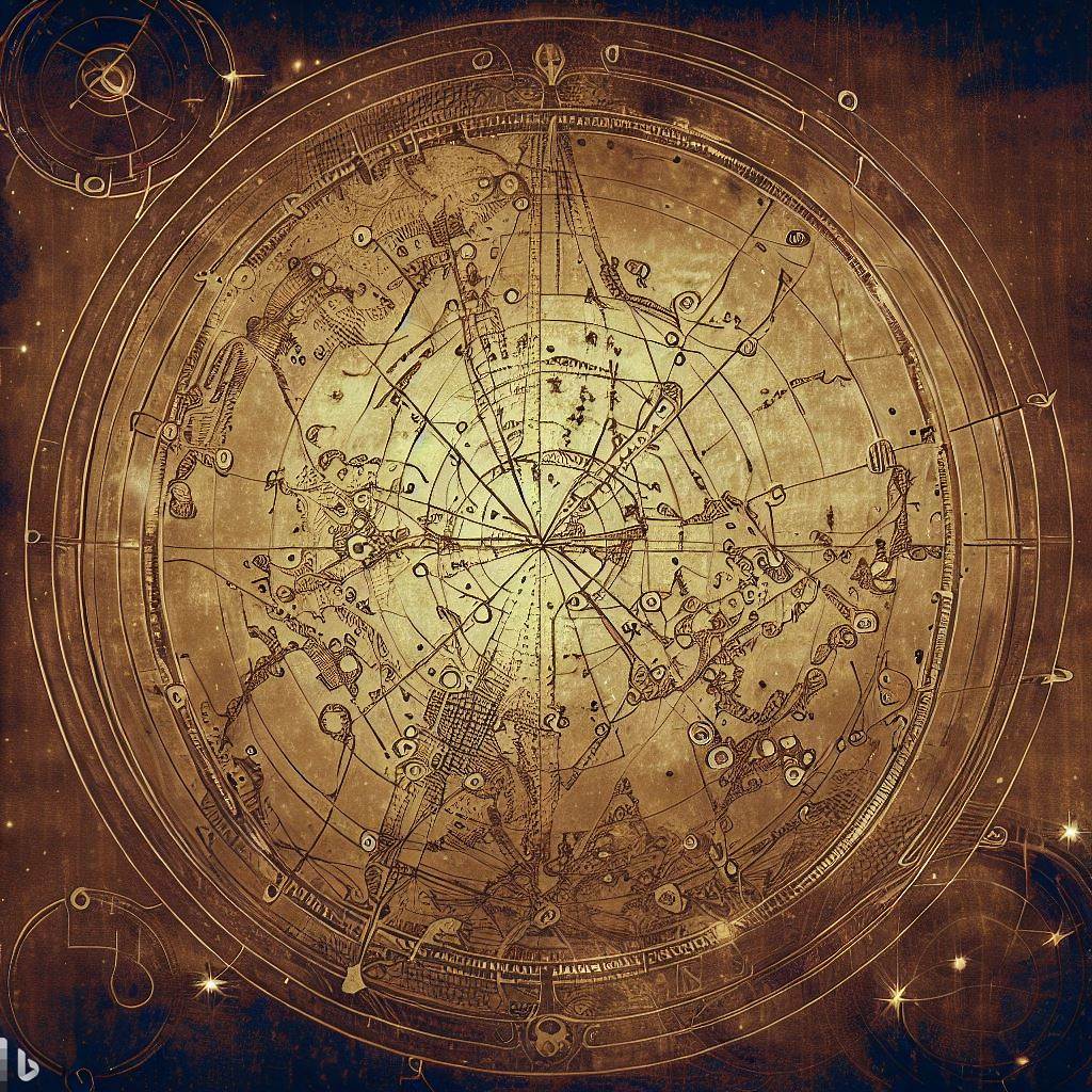 mystická nebeská mapa, mapující souhvězdí, rytina v antickém stylu
