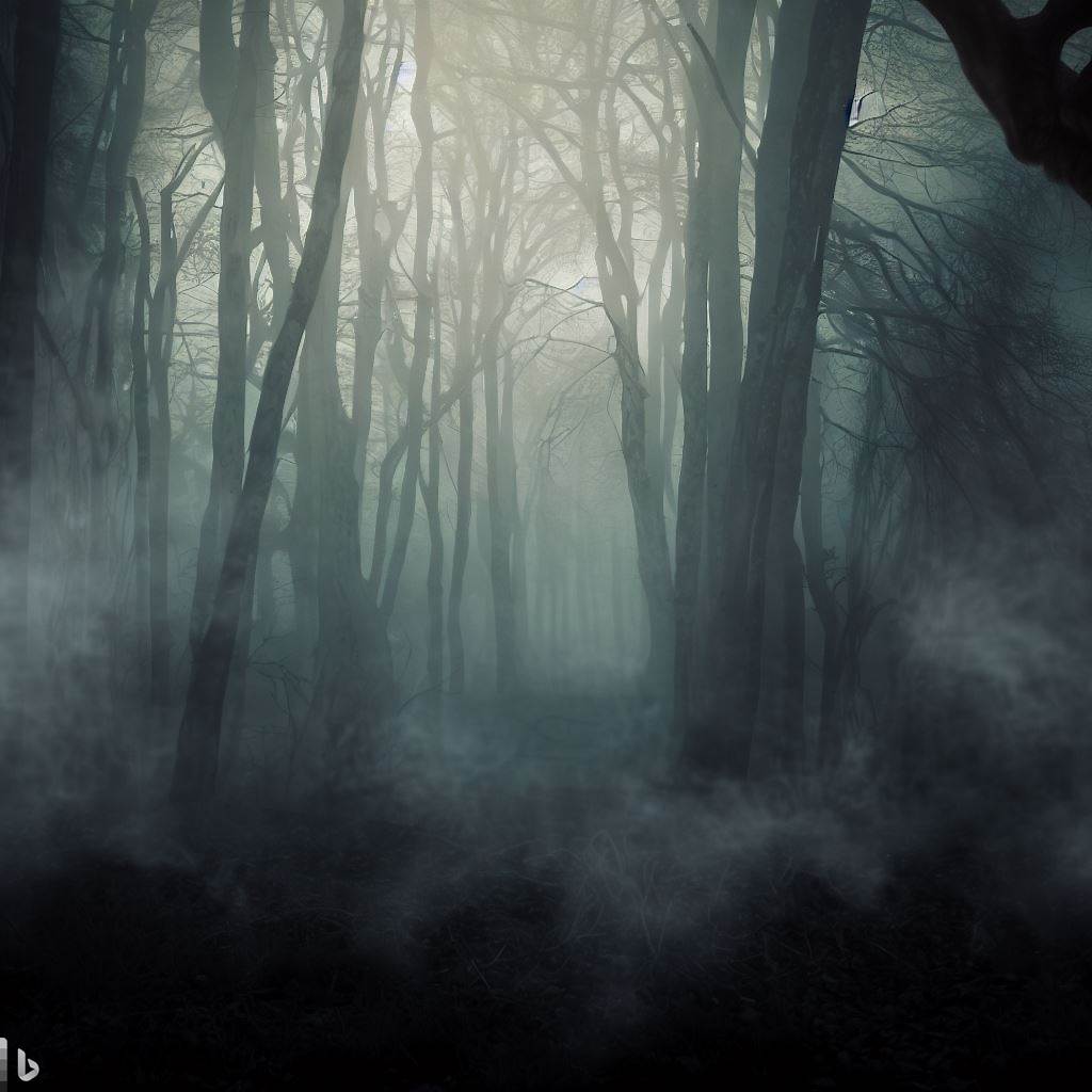 strašidelný les zahalený v mlze, gotické umění