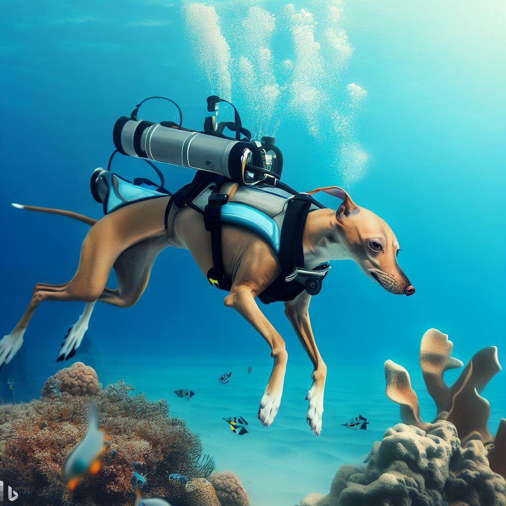 pískovo hnedý žíhaný whippet v neoprenu s kyslíkovými lahvemi se potápí u korálů v azurovém moři s rybkami krásná akční fotorealistická fotografie